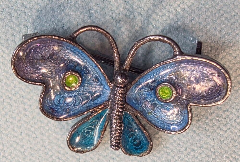 Vintage 800 Silver Enamel Butterfly Brooch Blue Green European Pin